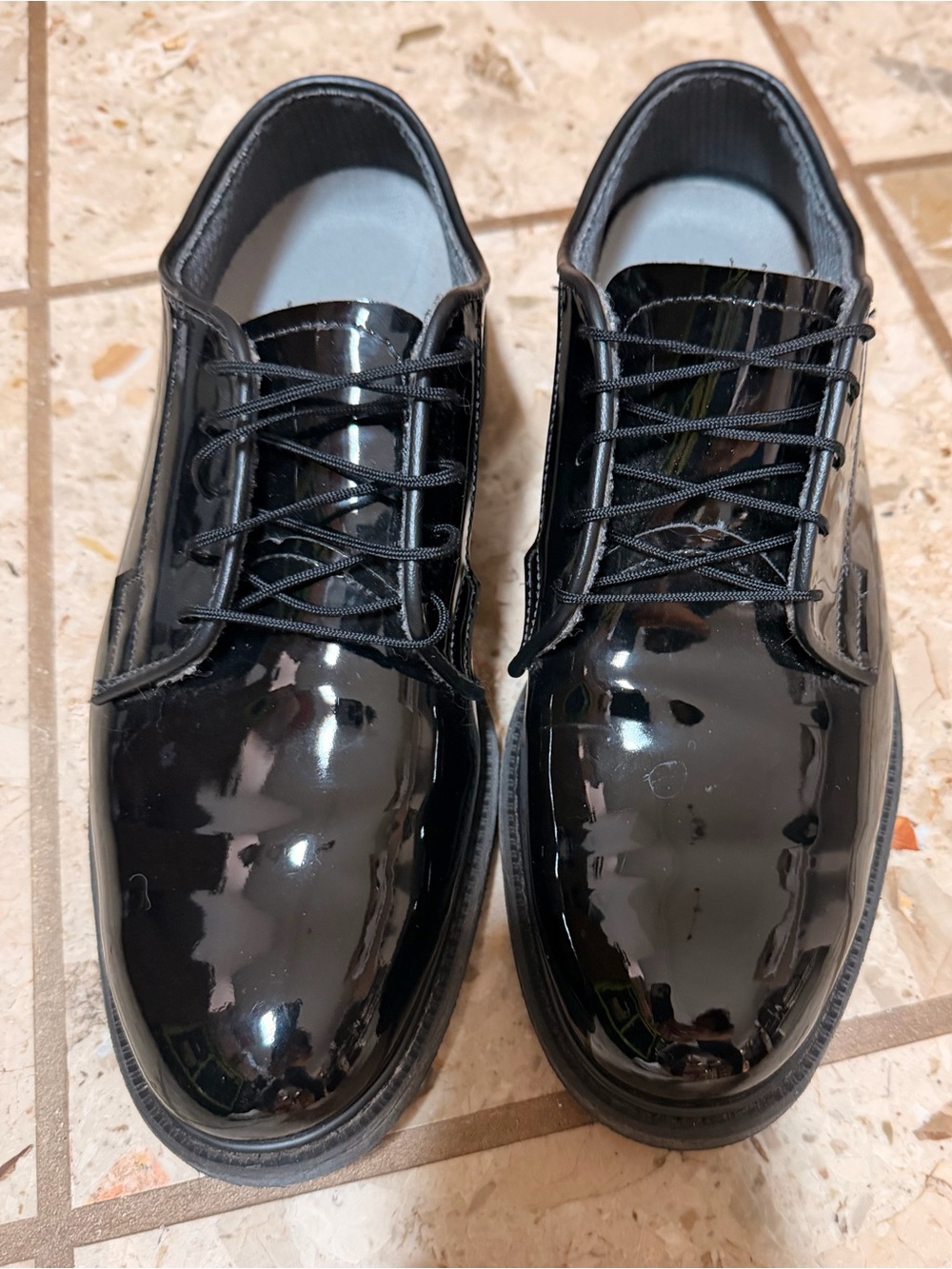 Altama military black patent leather dress low-quarter shoes.